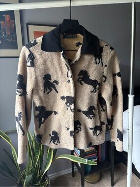 Vintage Beige and Black Sherpa Horse Print Jacket